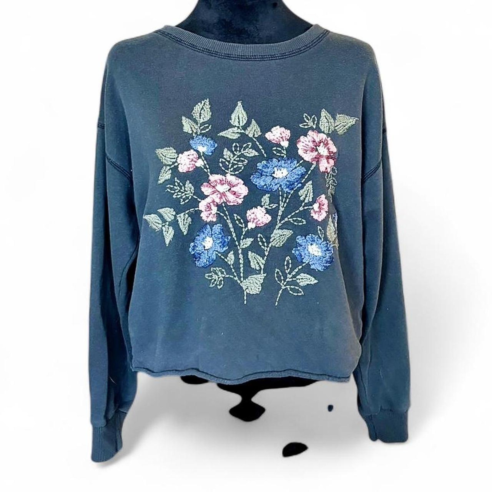 90s Abercrombie & Fitch Charcoal Sweatshirt Grunge Floral Embroidered S/M